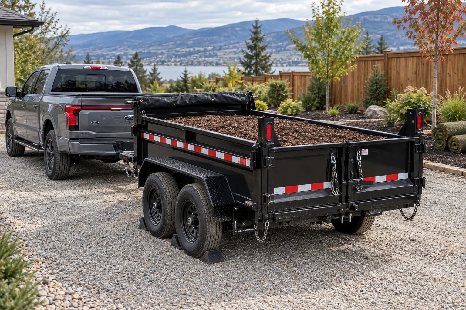 Illustrative scene of a parked black dump trailer carrying bark mulch beside a garden project.