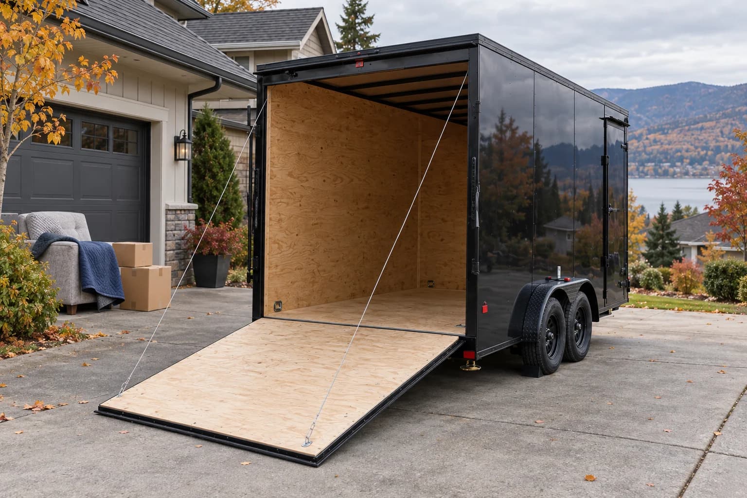 Illustrative scene of a black enclosed trailer with its ramp lowered on an autumn driveway.