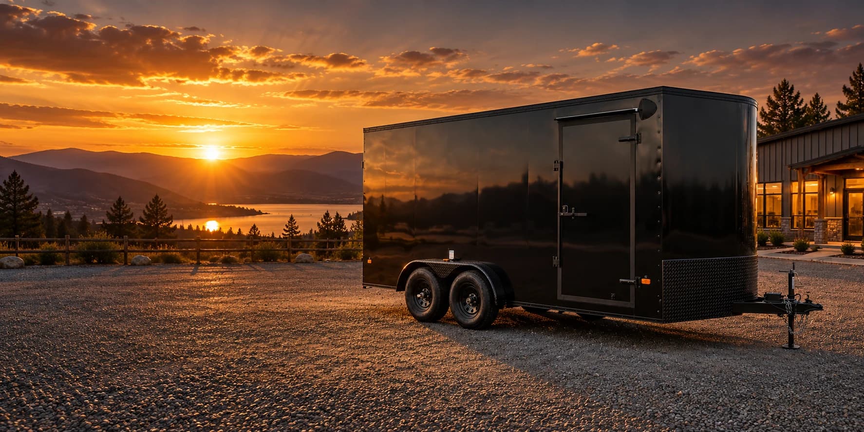 Black enclosed trailer parked beside a warmly lit workshop at sunset