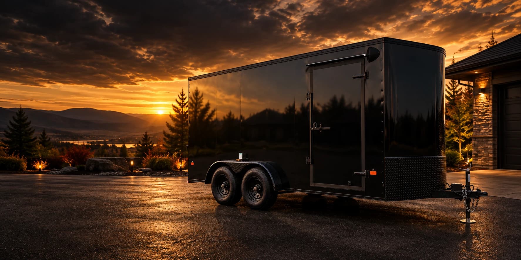 All-black enclosed trailer with black wheels and a side access door