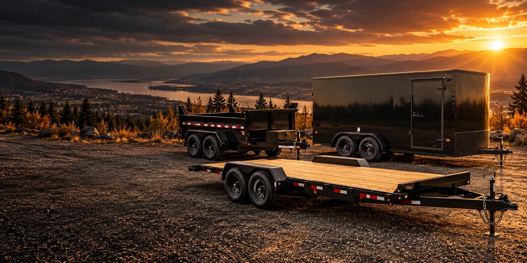 Enclosed, dump and flatdeck trailer options in a black fleet at Okanagan sunset
