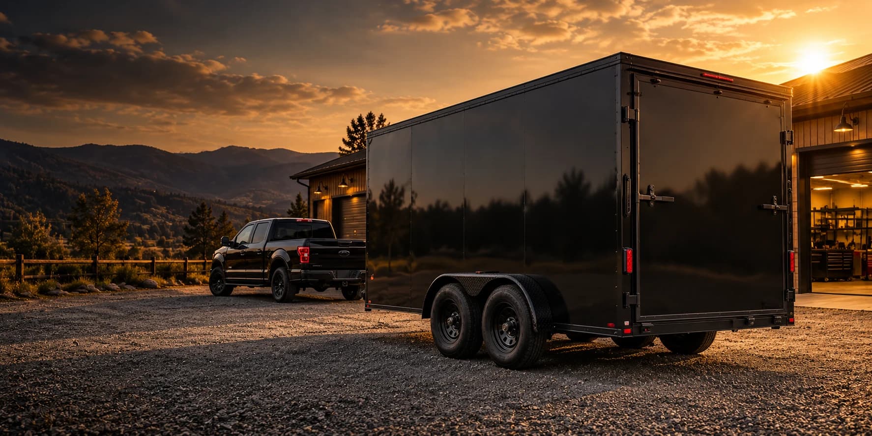 Black enclosed trailer with its rear ramp closed outside a workshop at sunset