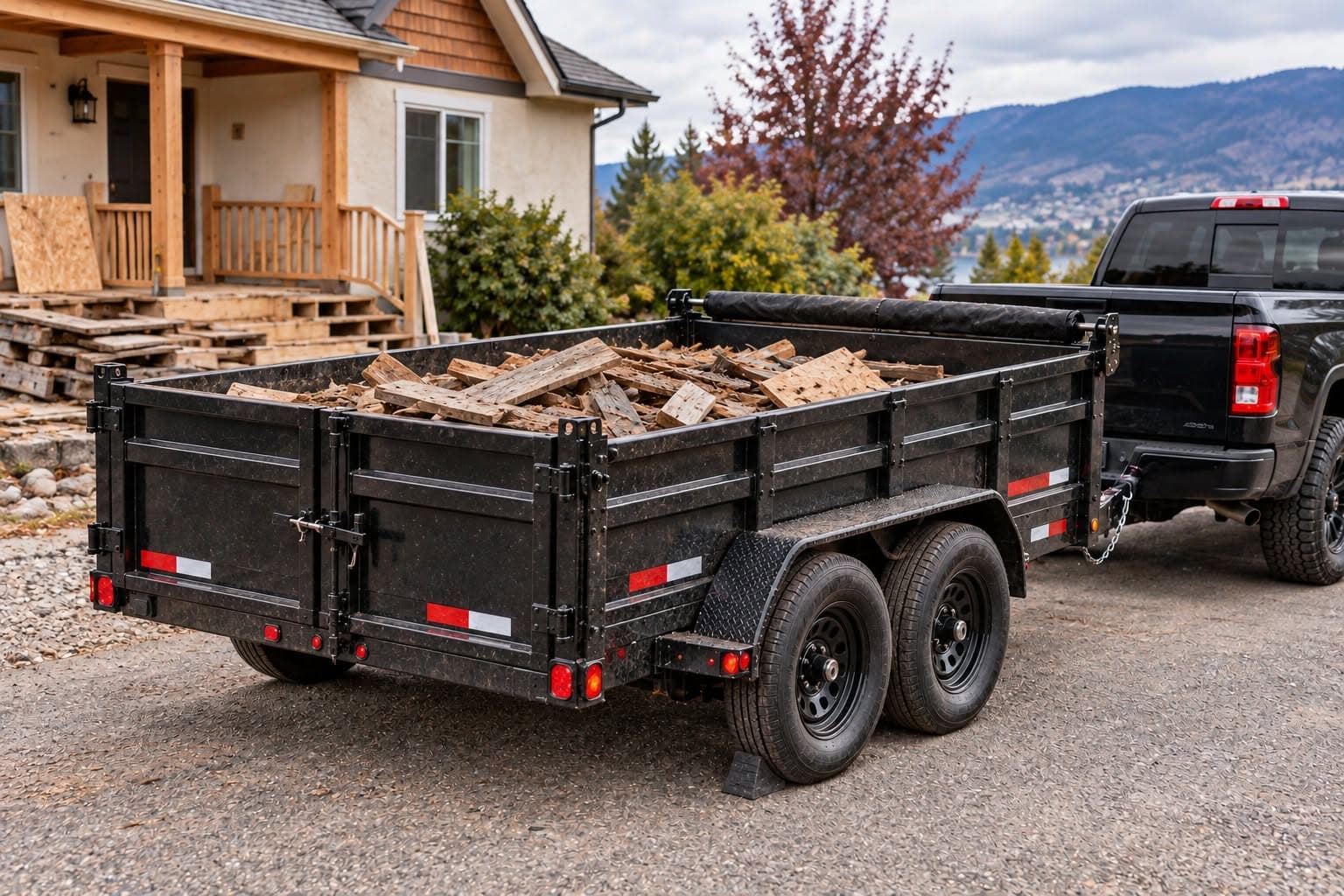 Black tandem-axle dump trailer holding wood and renovation debris beside a house.