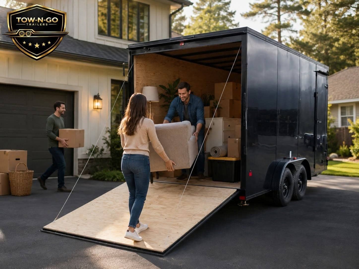 People loading furniture and boxes into a black enclosed trailer with its rear ramp lowered.