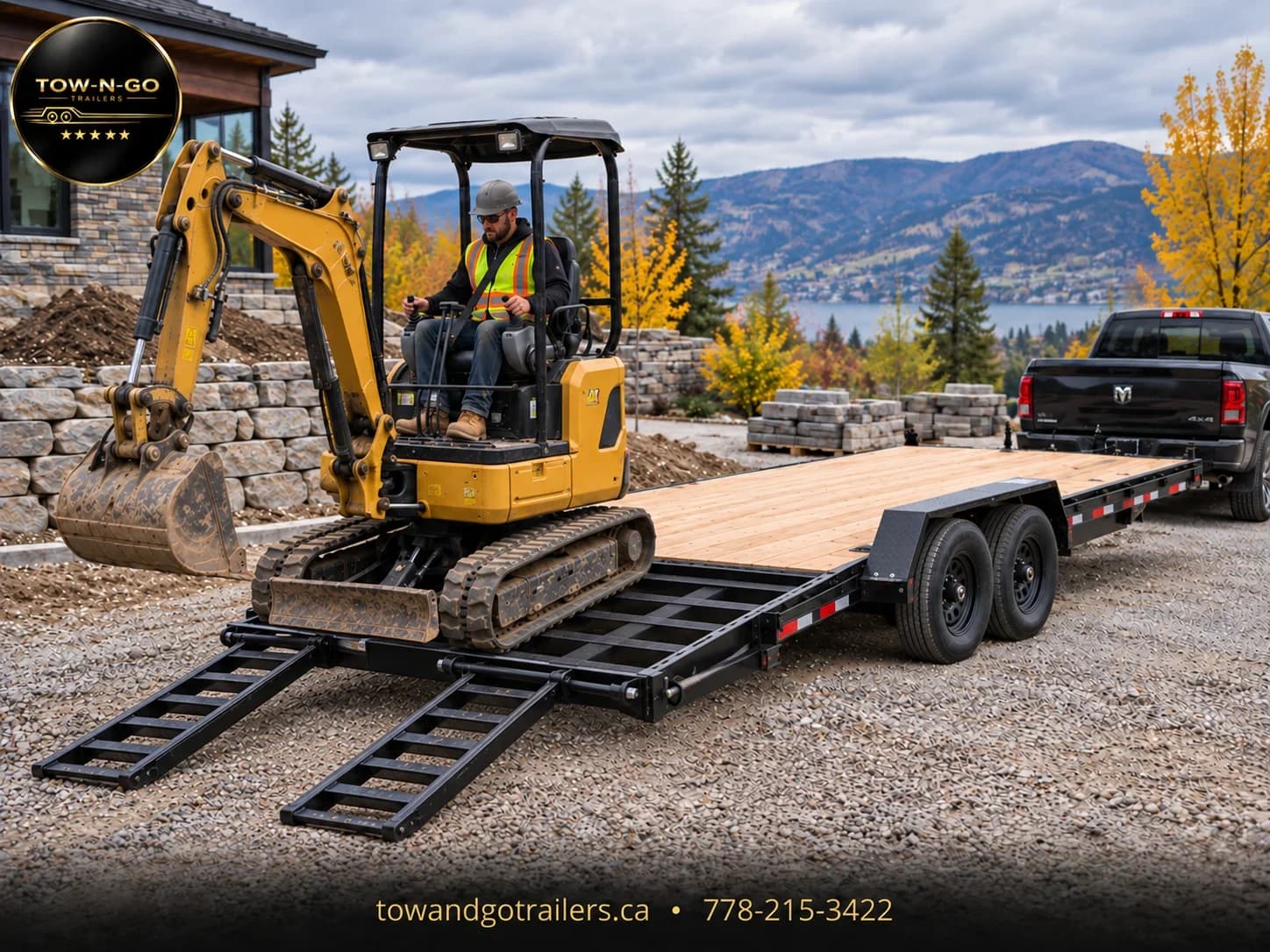 Mini excavator and operator at the rear ramps of a black flatdeck trailer beside a landscaping project.