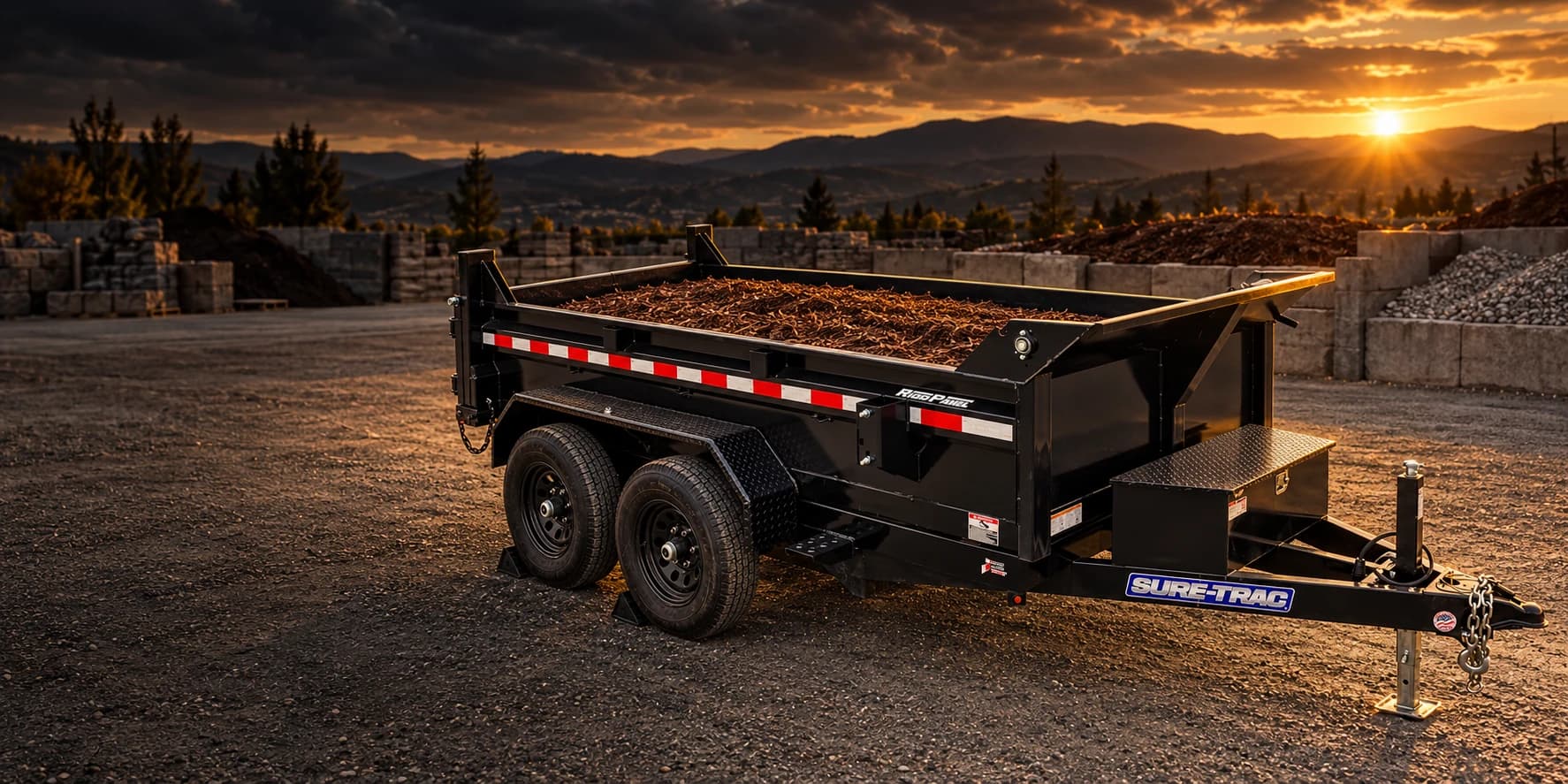 Black dump trailer with a lowered bed and contained mulch load at a landscaping yard