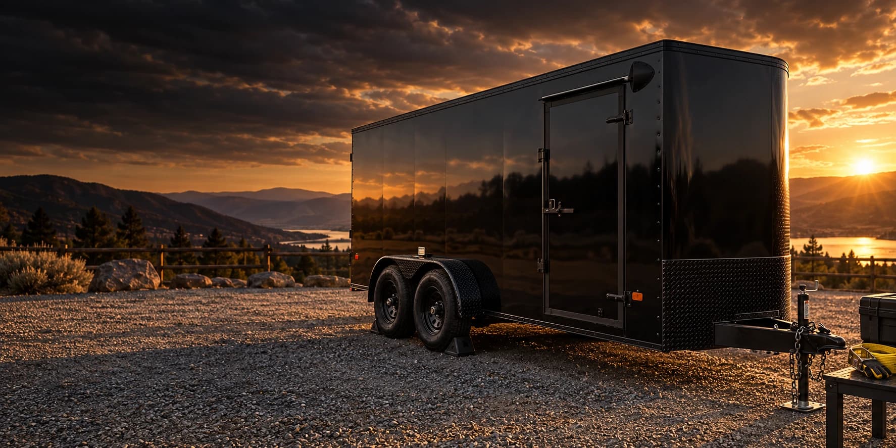 Parked black enclosed trailer with towing accessories beside its tongue