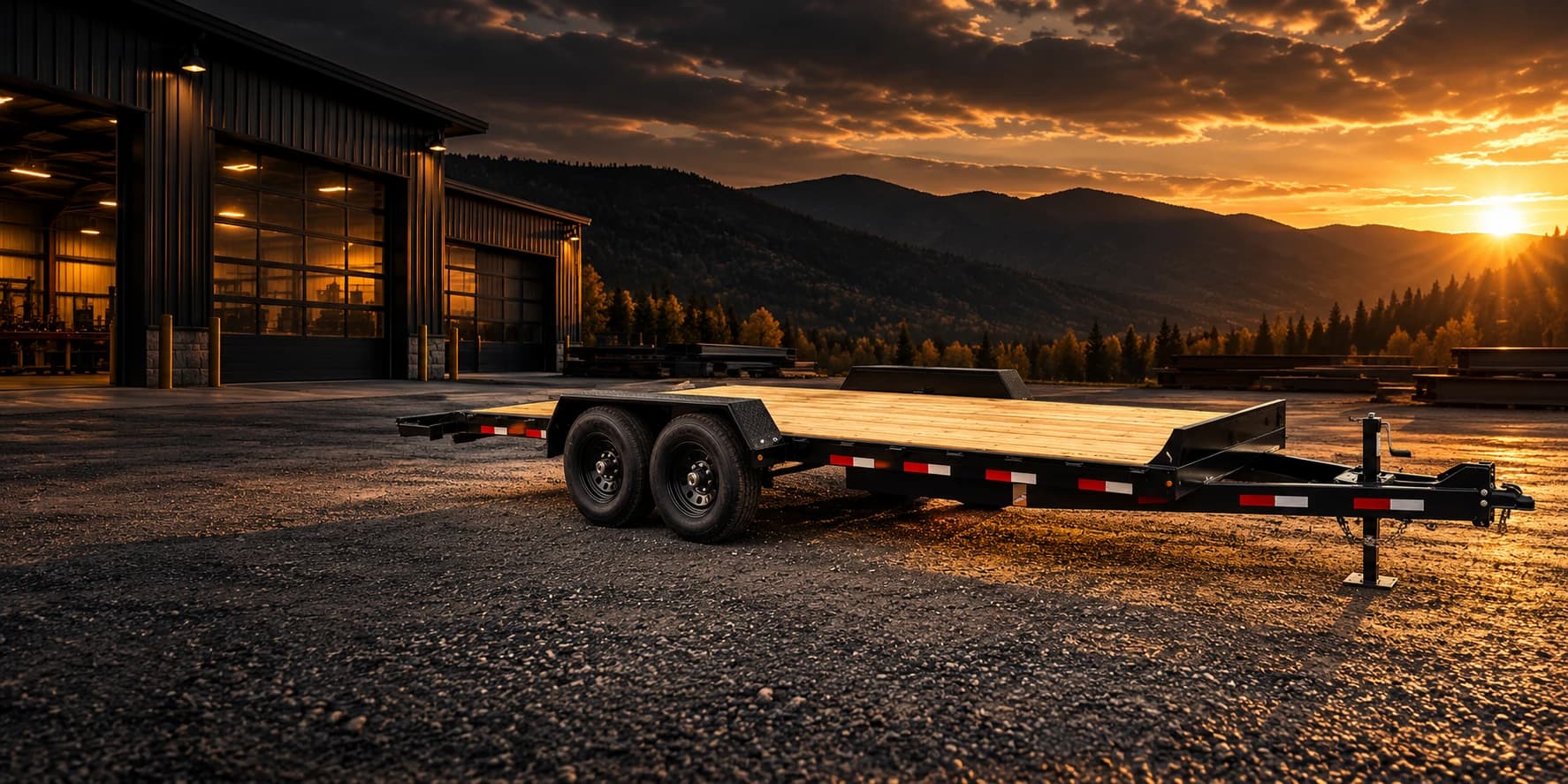 Empty black flatdeck trailer with a timber deck outside a fabrication workshop at sunset